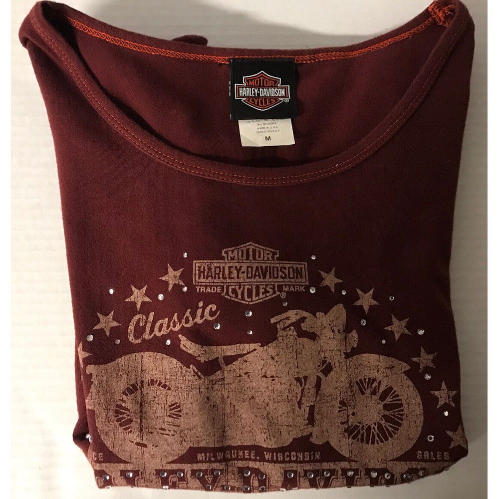 Vintage Harley Davidson SS Womens Tshirt Med Bling Burgundy Appleton Wisconsin